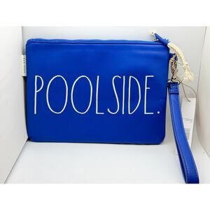 Rae Dunn Poolside Blue Striped Zipper Pouch With Wristlet Strap White Text Canva